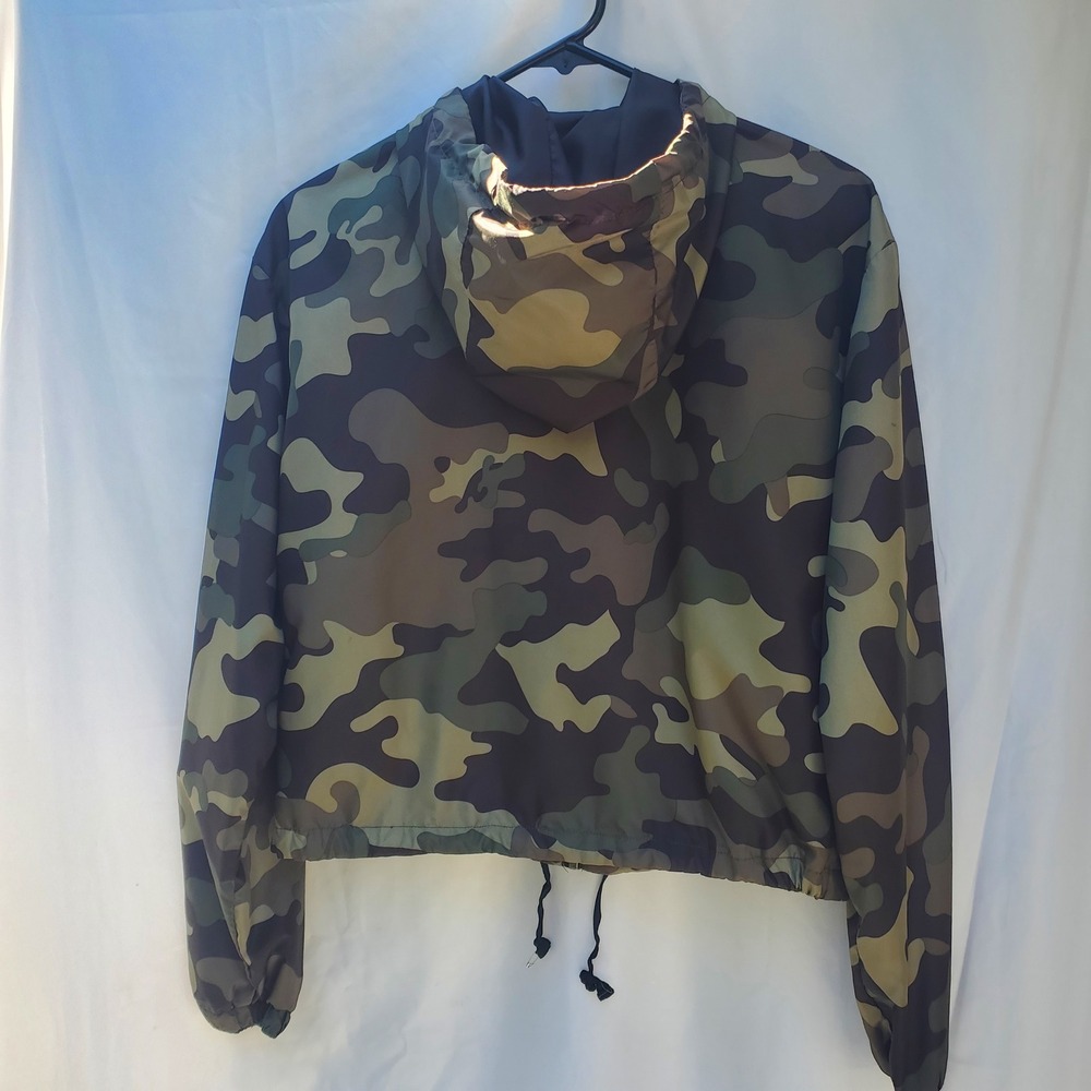 Love Tree Camo Cropped Windbreaker Jacket Green Brown Full Zip Hooded Small